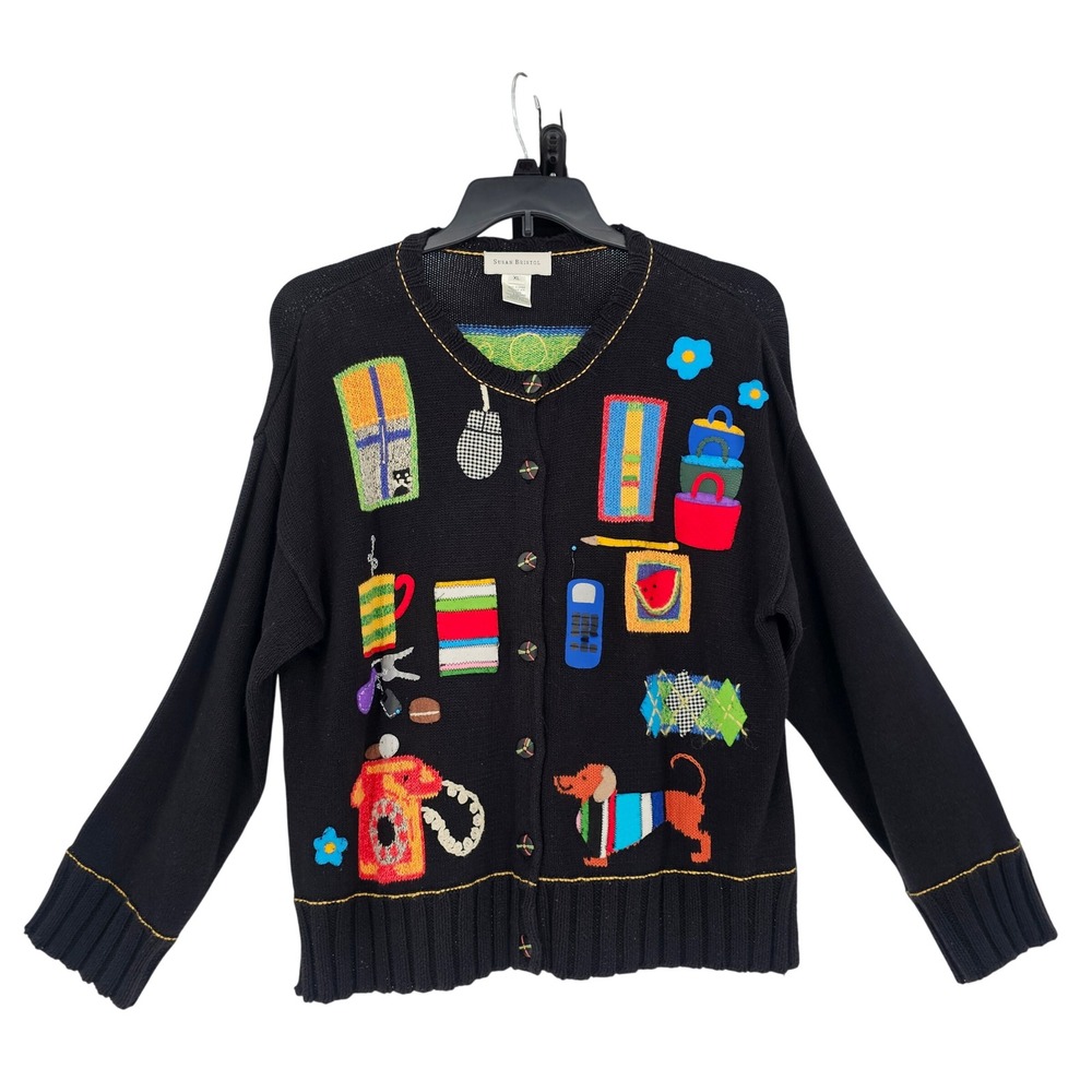 Vintage Susan Bristol Hand Embroidered Dachshund Cardigan XL Black Embellished - Picture 2 of 11